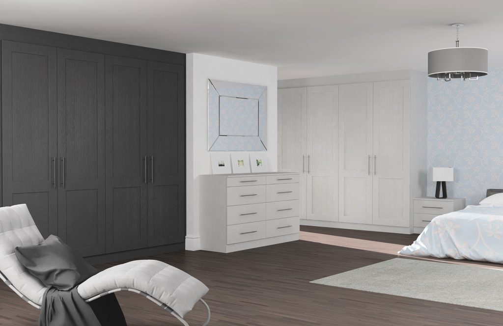 New England Kitchens Coniston bedrooms in light grey and graphite oak