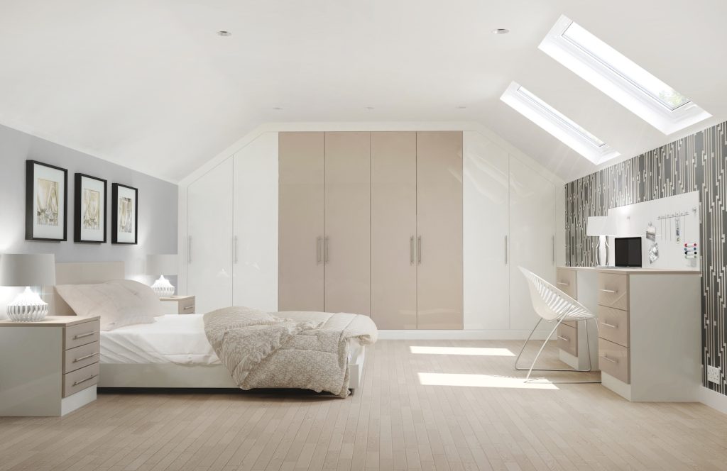 New England Kitchens Glacier bedrooms in white and metallic champagne